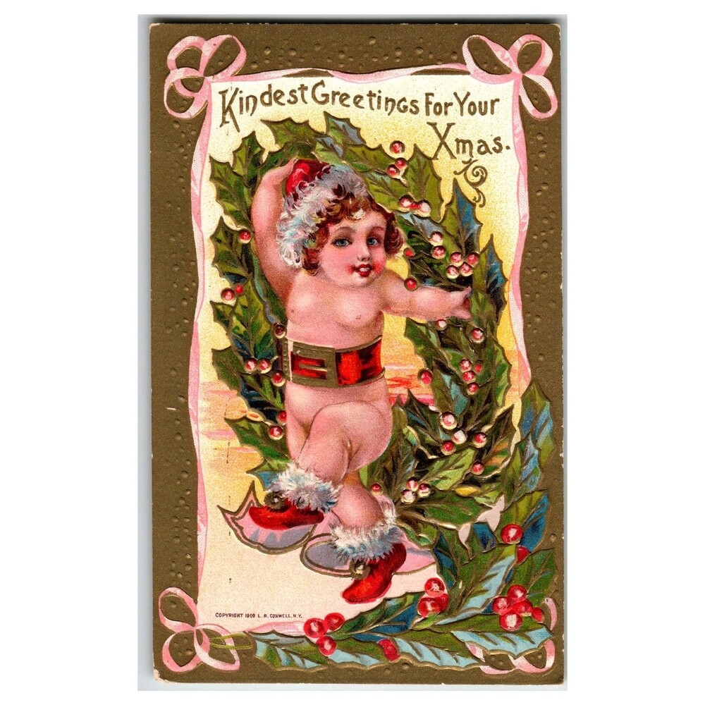 Vintage 1909 Embossed Christmas Postcard Cherub Santa Baby Holly L.A. Conwell